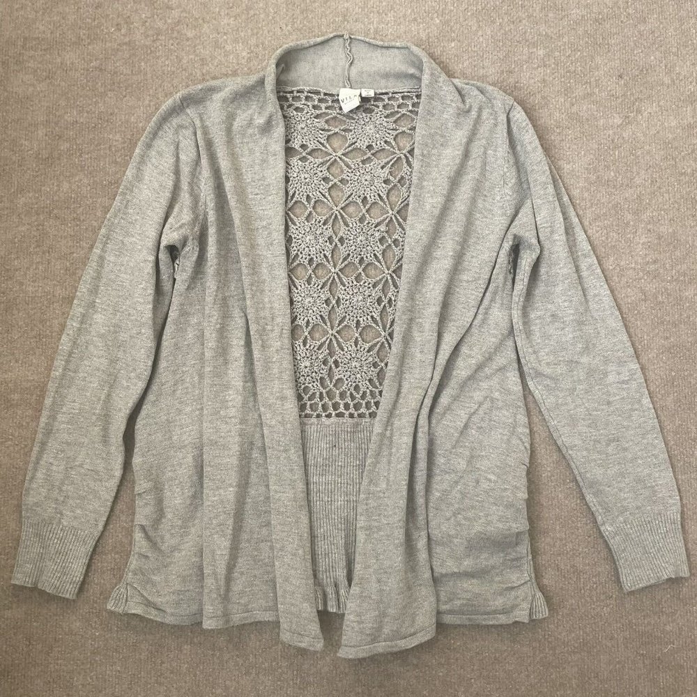 Vila Milano Cardigan Womens Medium Grey Crochet Back Ruffle Hem Sweater Casual